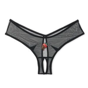 Victoria's Secret Women's Black Mesh Strawberry Embroidered Crotchless Panty L
